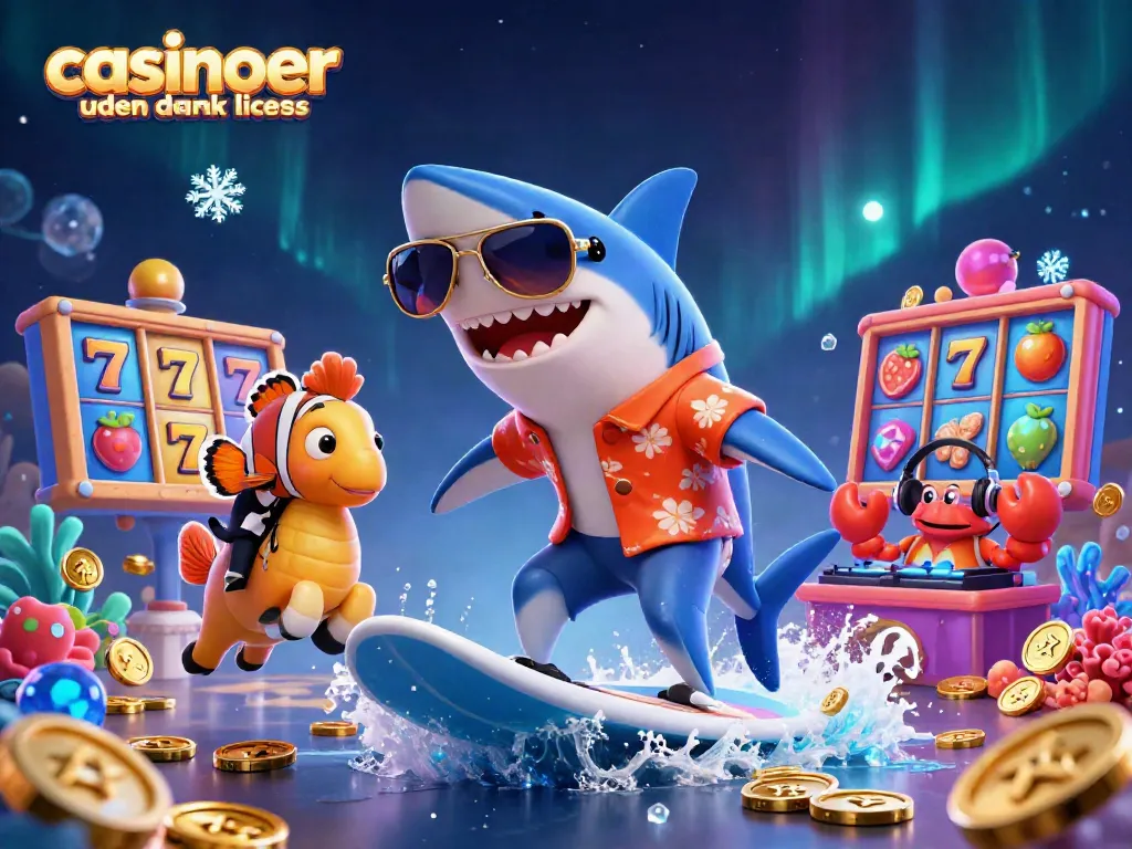 Engage with casinoer uden dansk licens through an exciting scene featuring a shark surfing on coins.