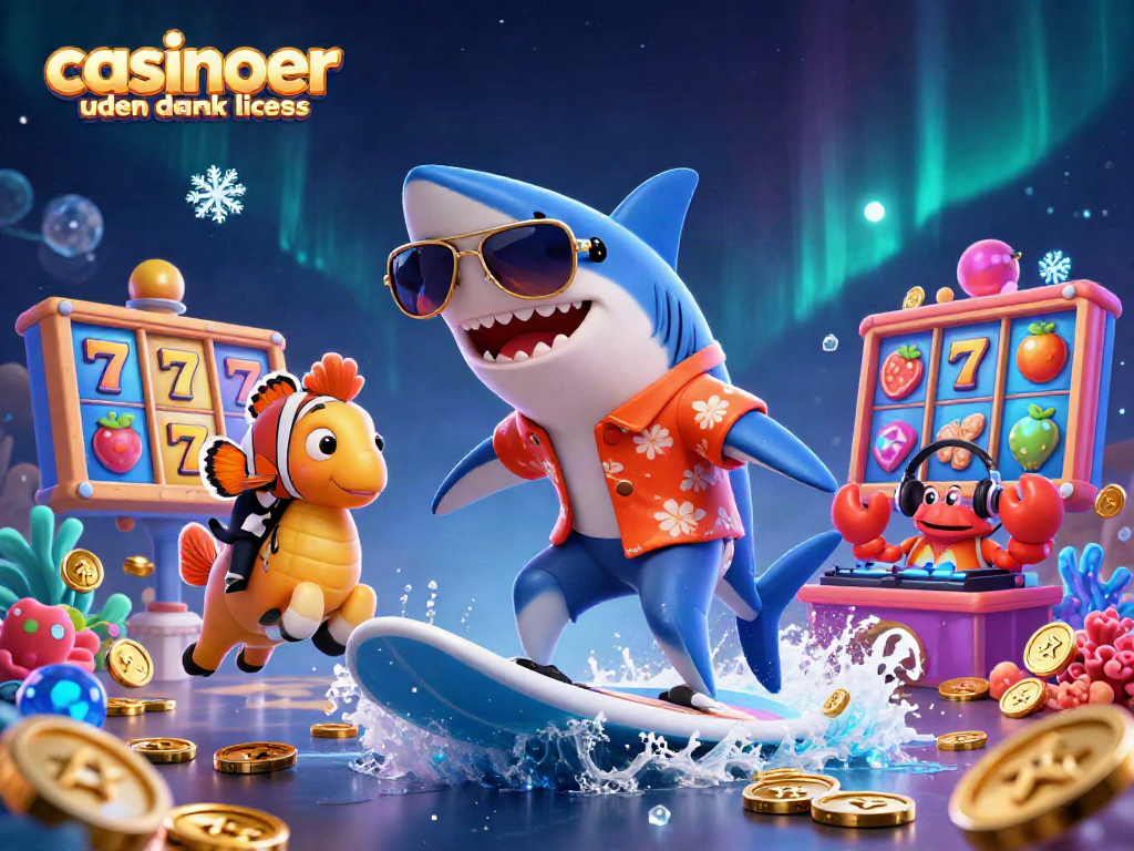 Engage with casinoer uden dansk licens through an exciting scene featuring a shark surfing on coins.
