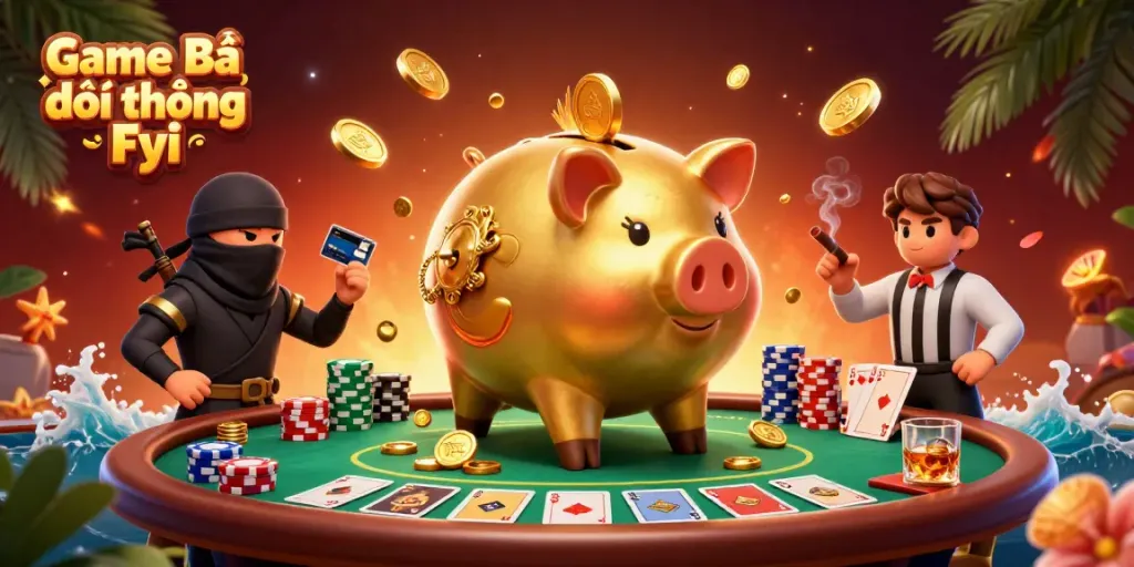 Game Bài Đổi Thưởng Fyi showcases dynamic characters in an animated casino scene.