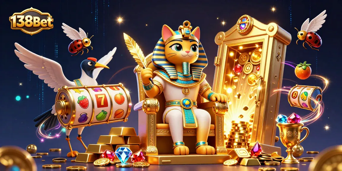 Engage with the vibrant world of 138Bet, featuring a 3D pharaoh cat and gold treasures in a packed casino scene.