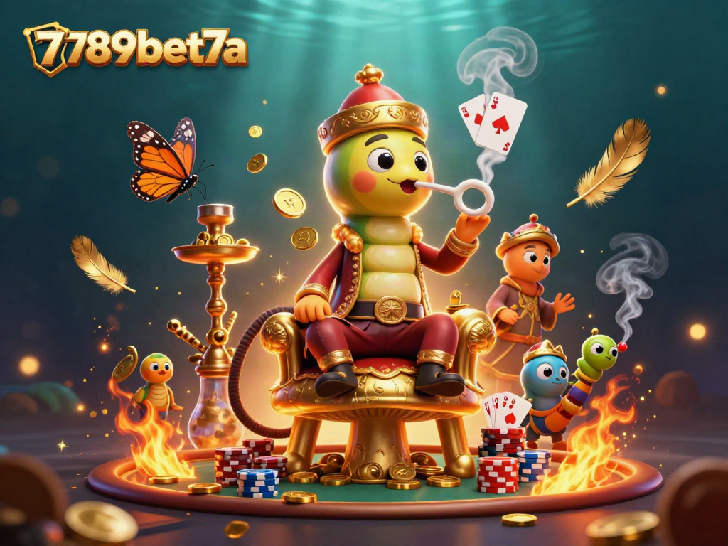 Experience 789bet7a's adventurous poker-themed scene with a caterpillar sultan overseeing gameplay.