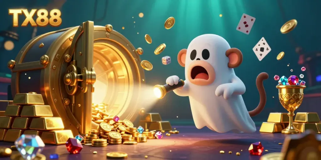 Experience the thrill of TX88 as a playful ghostly monkey and a curious puppy navigate a haunted casino filled with treasures.