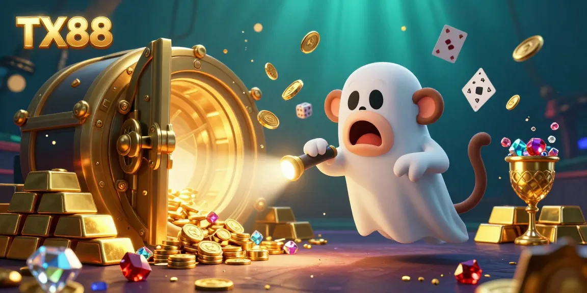 Experience the thrill of TX88 as a playful ghostly monkey and a curious puppy navigate a haunted casino filled with treasures.