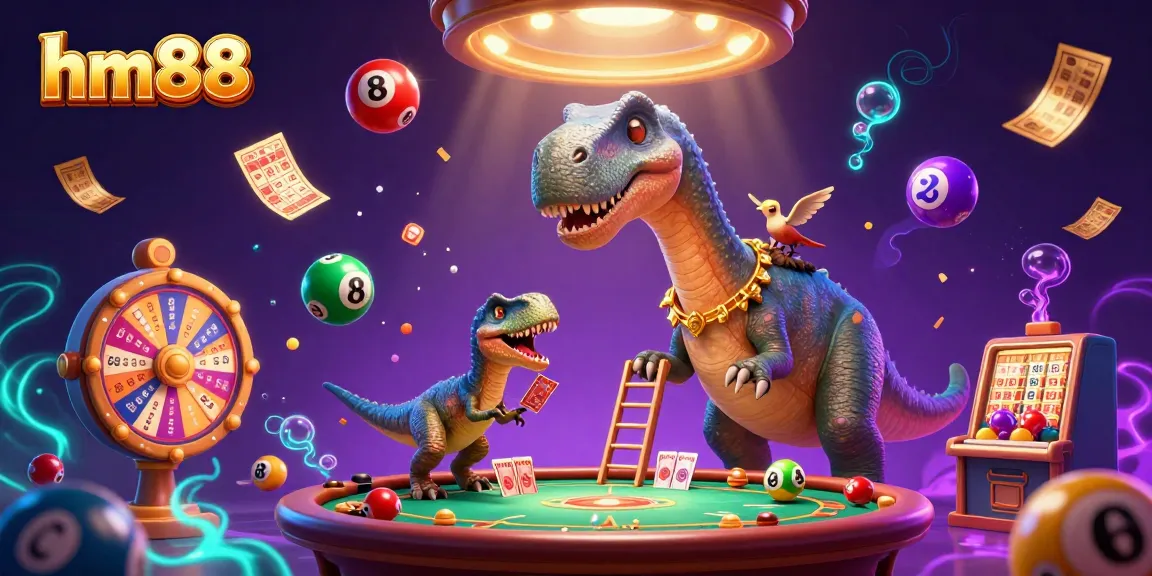 Join the excitement at hm88 with a vibrant 3D casino scene featuring a brontosaurus dealer and colorful game elements.