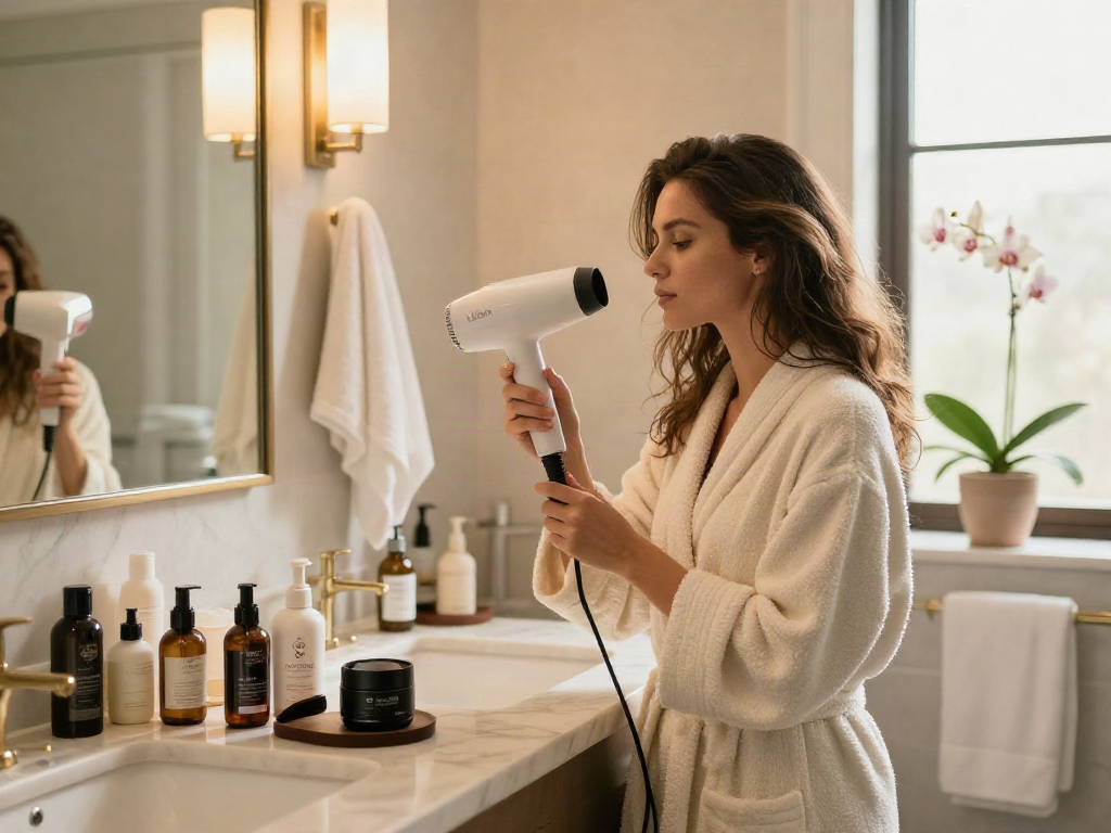 Frau mit Laifen Haartrockner in stylischem Badezimmer, umgeben von Beauty-Produkten.