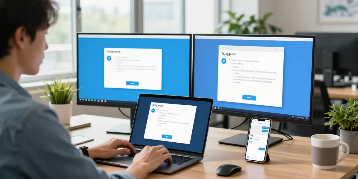 Configure Telegram中文 settings on laptop in a bright office.