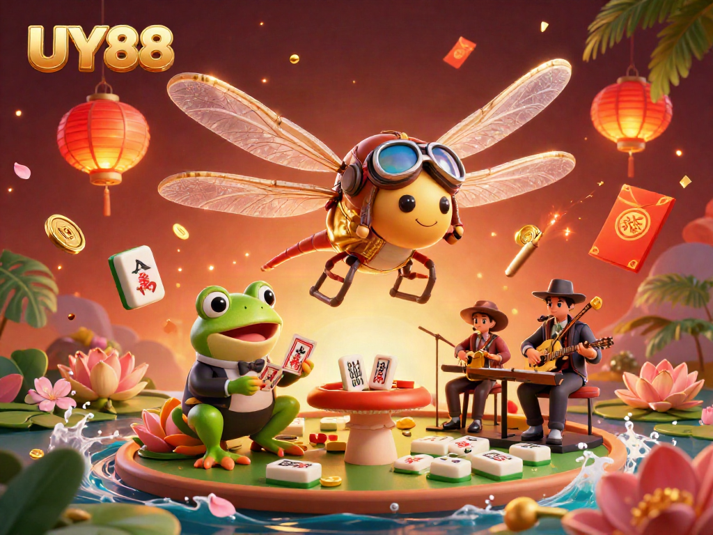 Experience the thrill of UY88 with a vibrant 3D illustration of a bustling casino scene.