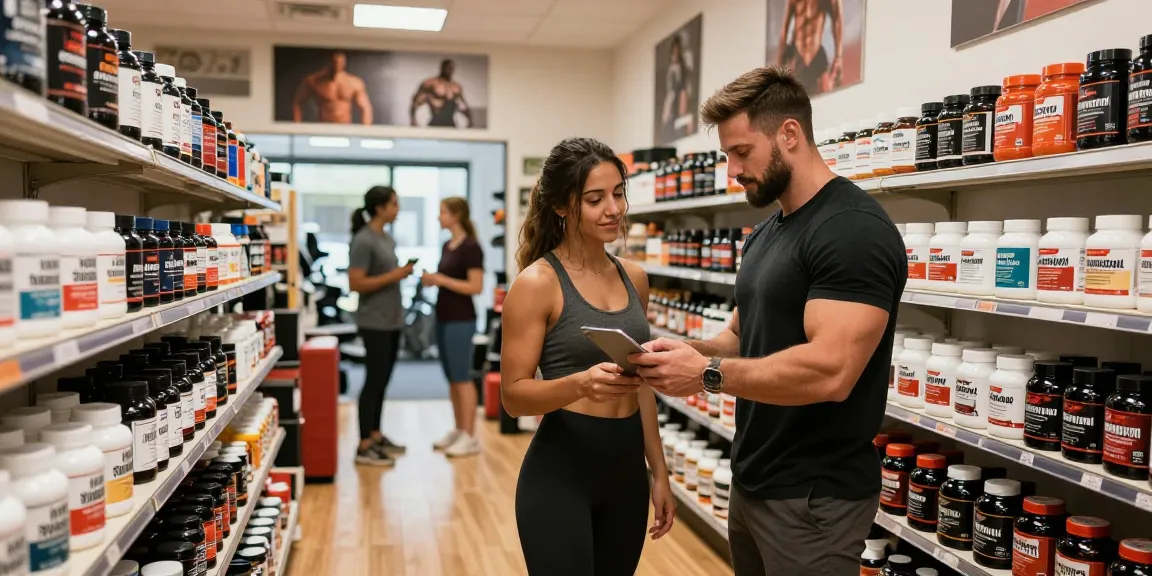 Anabolika Shop featuring knowledgeable staff assisting customers with anabolic steroids and bodybuilding products in a vibrant retail space.