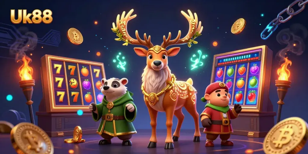 Engage with exciting slot games at Uk88 featuring vibrant characters and glowing crypto coins.
