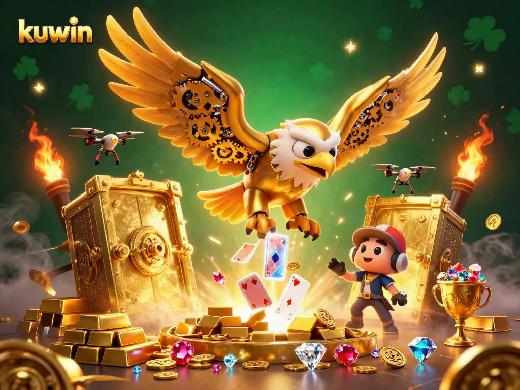 Kuwin casino adventure featuring a golden eagle soaring over riches and playing cards, highlighting excitement and winning.