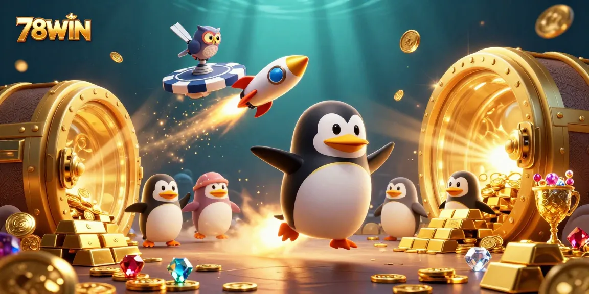 Experience the excitement of 78WIN as the golden penguin navigates thrilling casino realms, chasing jackpots.
