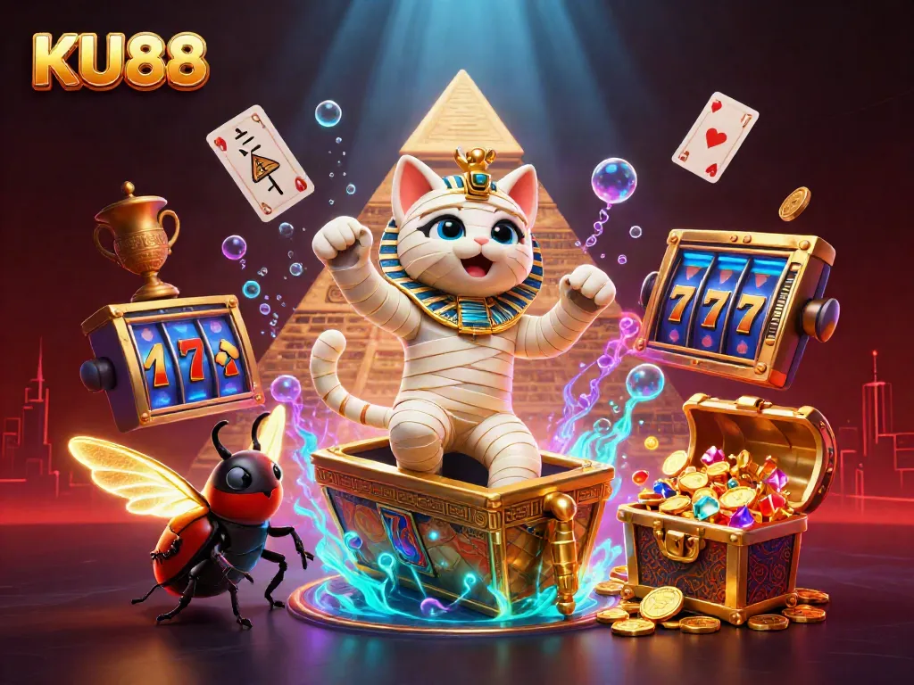 KU88 highlights the excitement of online gambling with a mummy cat revealing bonuses in a vibrant casino setting.