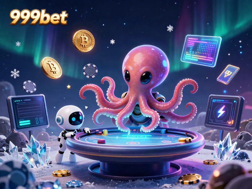 Experience the excitement of 999bet with a 3D alien octopus playing poker in space.