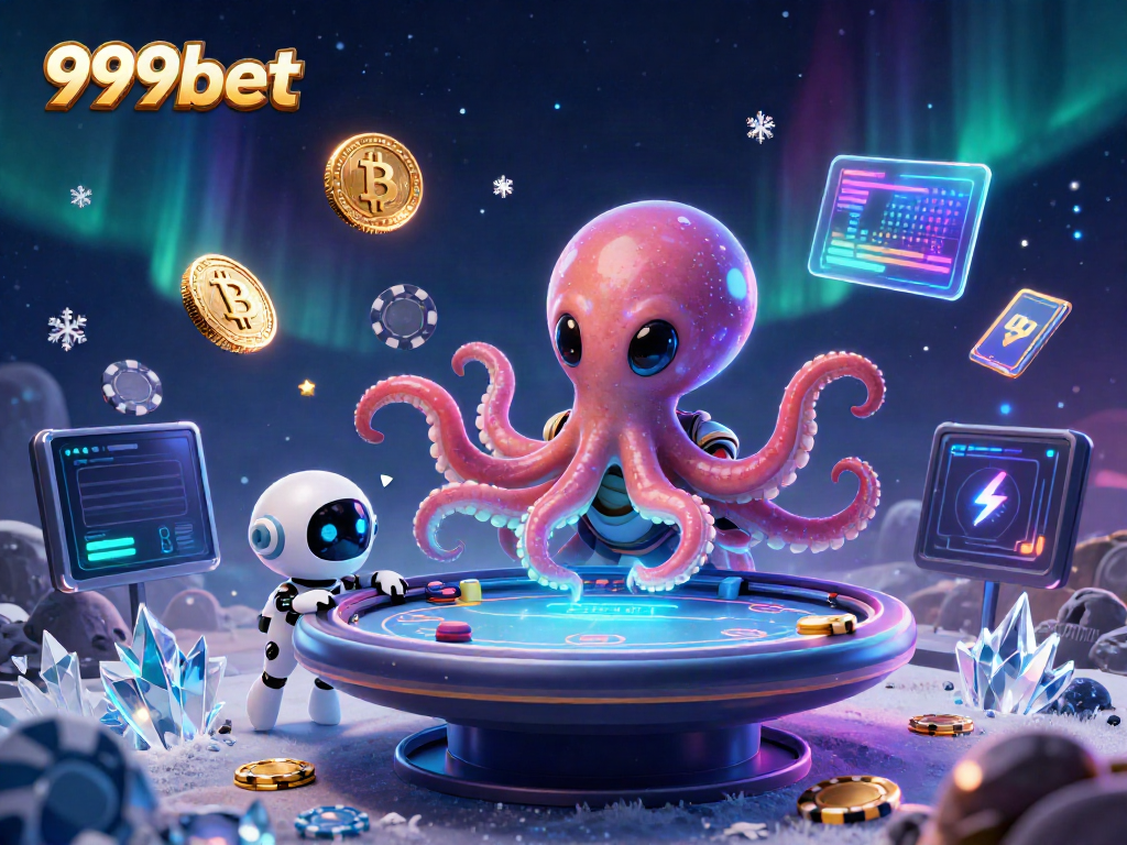 Experience the excitement of 999bet with a 3D alien octopus playing poker in space.