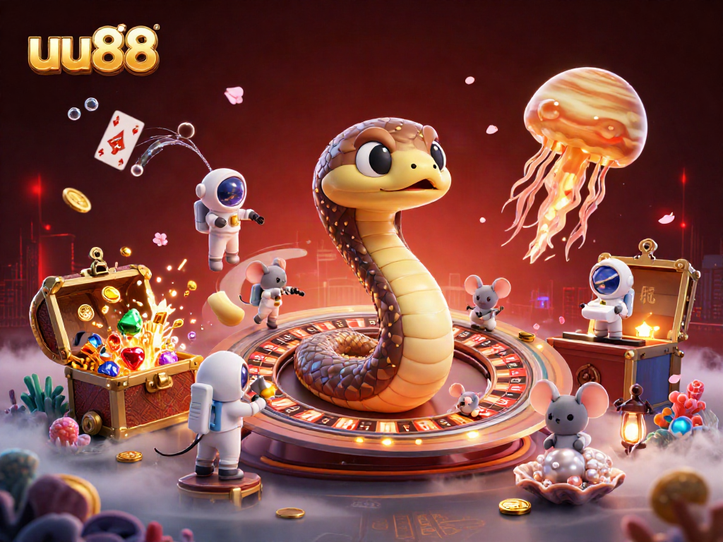 Play exciting games with uu88 at a dynamic casino scene filled with gold, treasures, and vibrant characters.