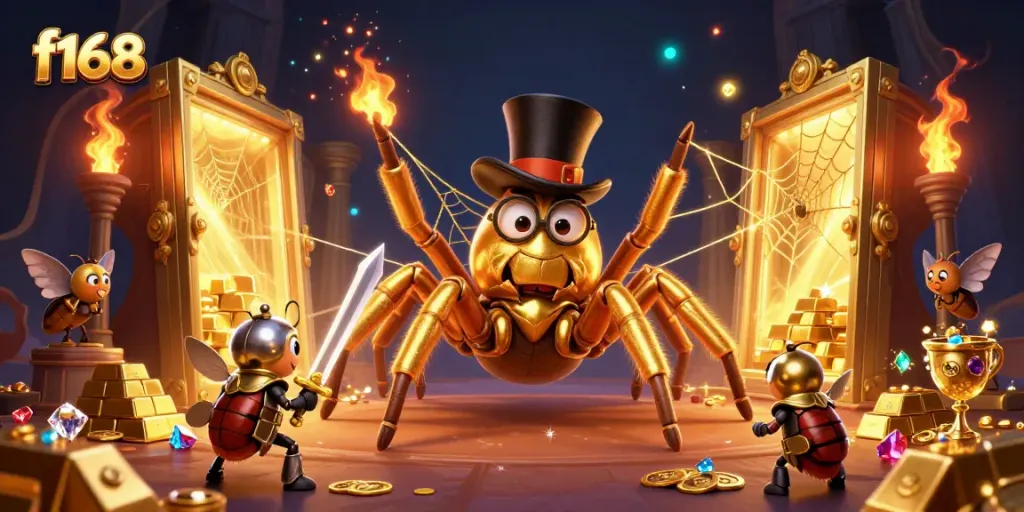 Experience the excitement of f168 with a magical casino scene featuring dynamic characters and treasures.