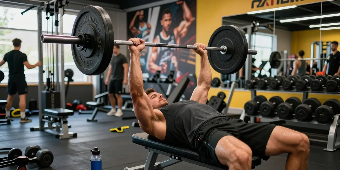 Präsentation eines kraftvollen Fitnessmoment im Anabolika Shop Deutschland mit einem Bodybuilder, der Gewichte auf einer Bankdrückstation in einer lebhaften Fitnessumgebung stemmt.