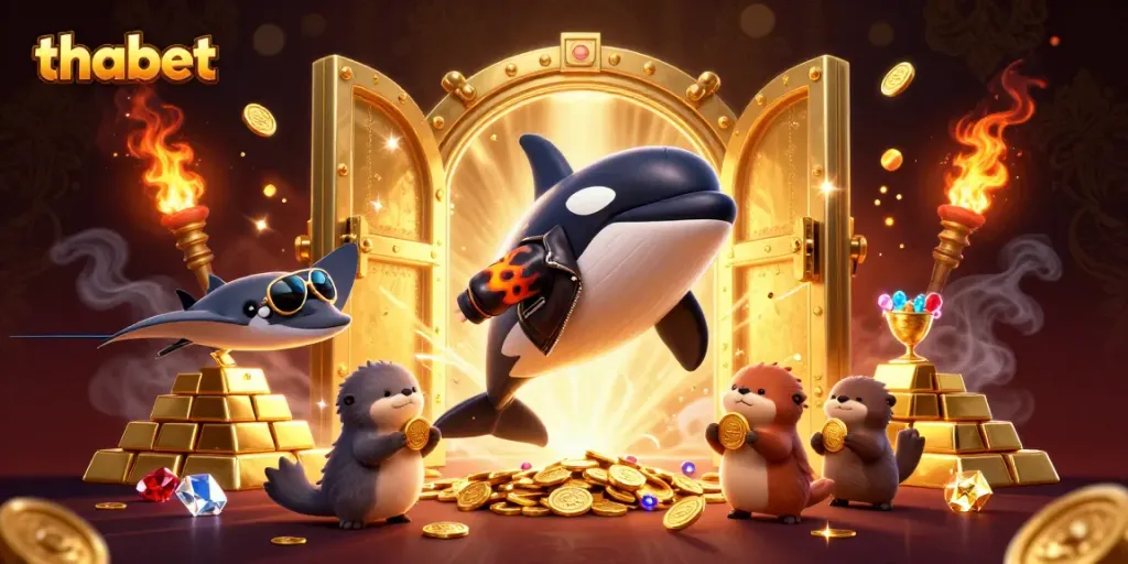Engage with thabet's thrilling gambling experience alongside sea creatures celebrating winnings.