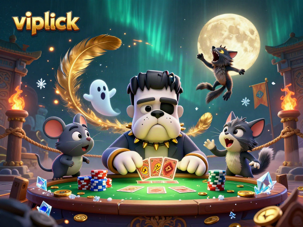 Engage with vipluck casino as the Frankenstein bulldog deals cards at a thrilling table.