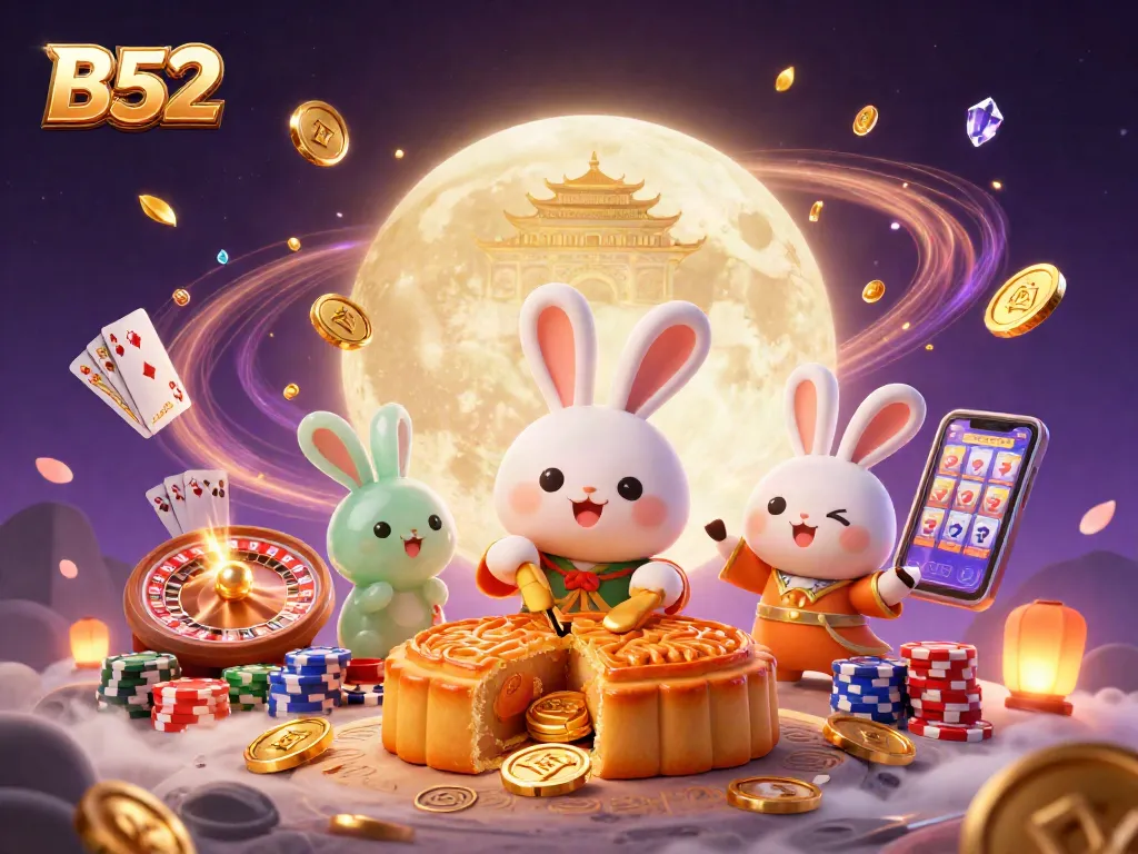 B52 casino-themed illustration showcasing a moon rabbit and poker elements amidst vibrant game dynamics.