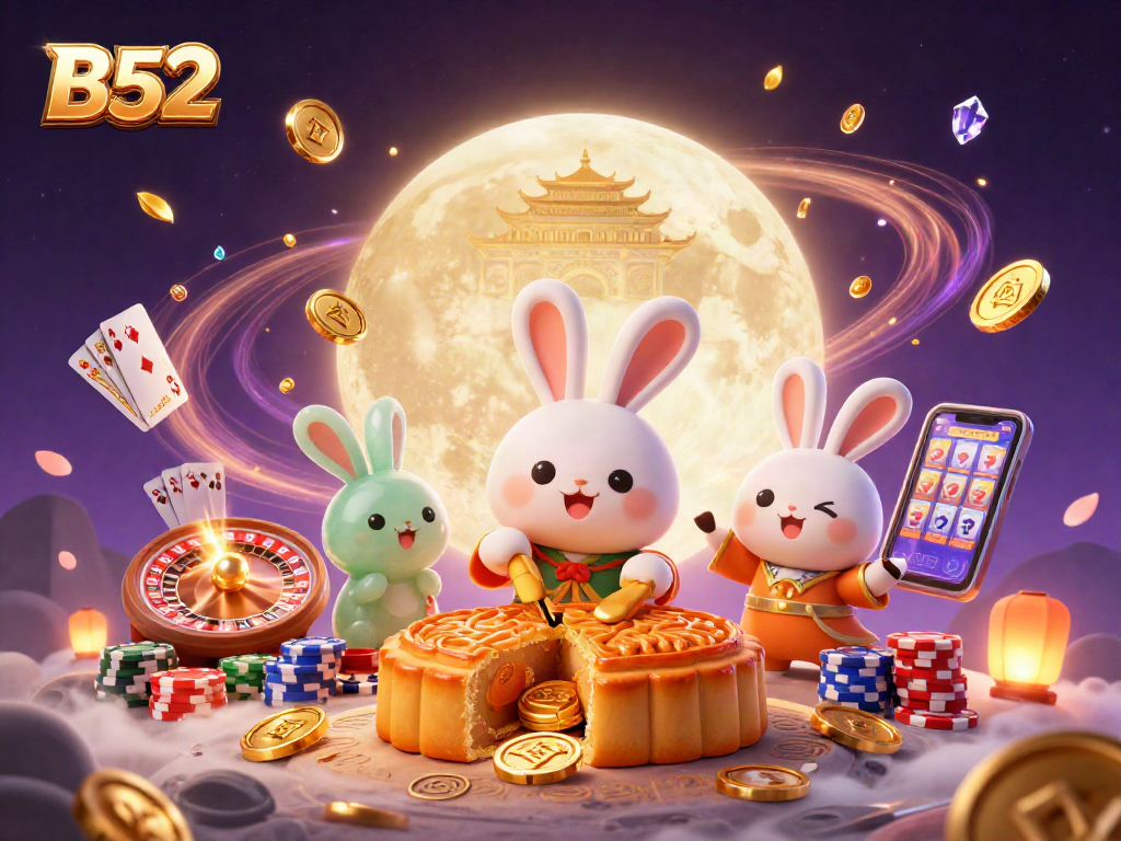 B52 casino-themed illustration showcasing a moon rabbit and poker elements amidst vibrant game dynamics.