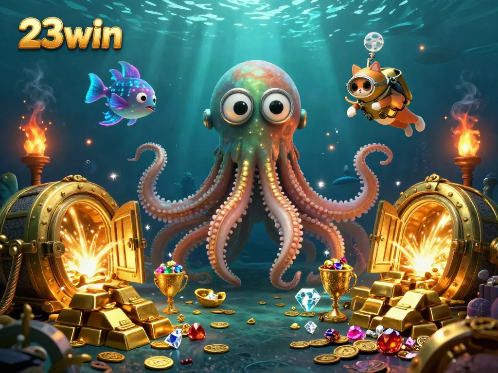 Engage in thrilling jackpots at 23win with a colossal kraken and diving cat in a treasure-filled underwater scene.