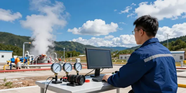 Techniker überwacht Geothermie-Anlage mit modernen Geräten in einer Berglandschaft.
