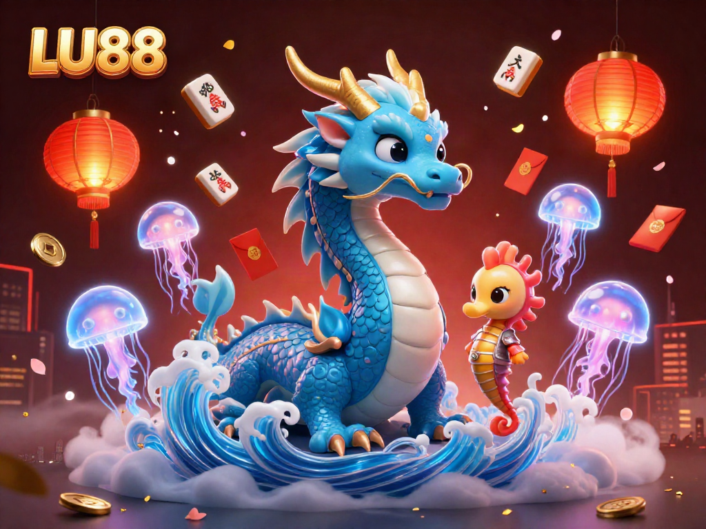 Engage with LU88's vibrant 3D casino scene featuring a water dragon and magical gaming elements.