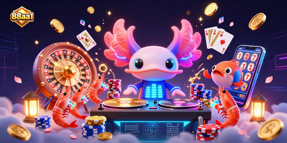 Experience 88aa1's vibrant casino world with a neon-colored axolotl DJ and dynamic gaming elements.