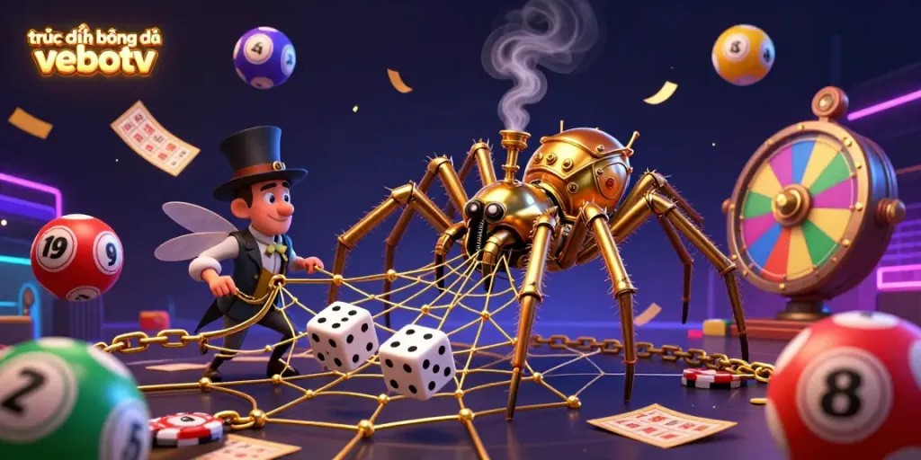 Experience trực tiếp bóng đá vebotv with colorful lottery balls and a steampunk spider capturing dice in a vibrant 3D scene.