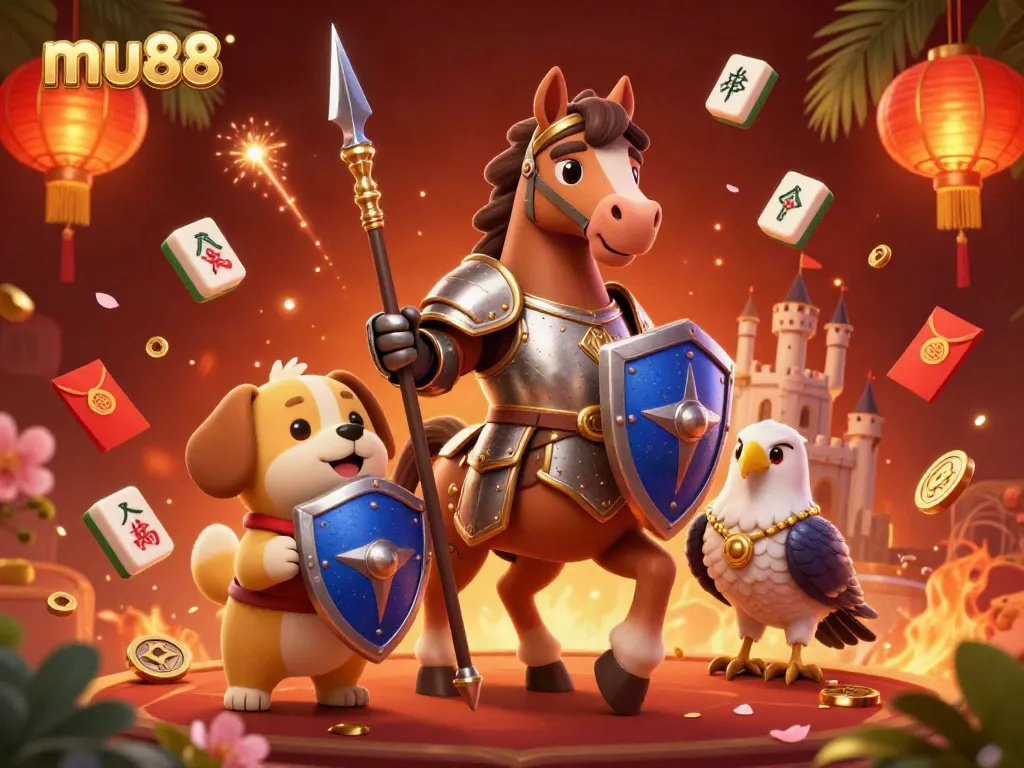 Engage in thrilling gameplay with mu88, featuring a knight and dog in a rich casino scene filled with gaming symbols.