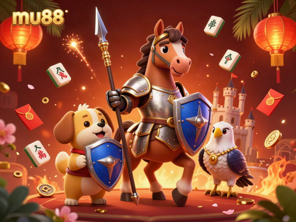 Engage in thrilling gameplay with mu88, featuring a knight and dog in a rich casino scene filled with gaming symbols.