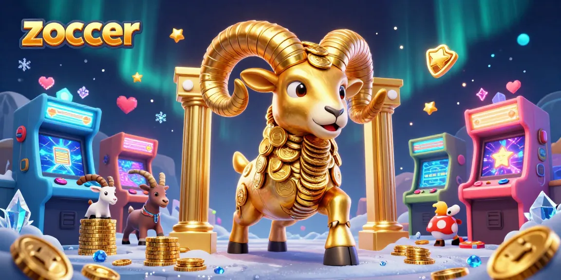 Zoccer-themed 3D illustration with a golden ram charging through casino elements, showcasing vibrant gaming atmosphere.