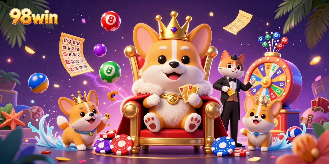 Join the excitement of 98win's casino with a vibrant illustration of a royal corgi and lively game elements.