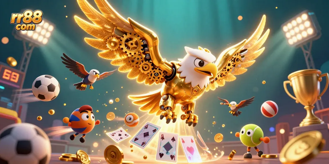 Experience thrilling gameplay at rr88 com with a vibrant 3D casino illustration showcasing an eagle diving through holographic cards.