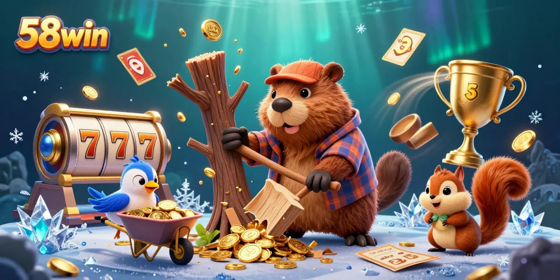 Experience the thrill of 58win's casino with a colorful scene of a beaver collecting golden coins amidst dynamic slot game elements.