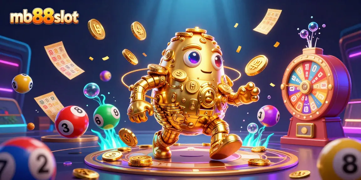 Bet big with mb88slot's vibrant gaming scene featuring a golden golem and lottery elements.