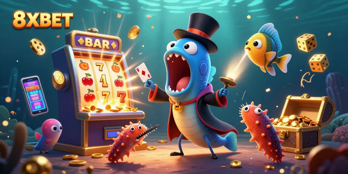 Engage with 8XBET as a bioluminescent eel performs card tricks in a vibrant underwater casino.