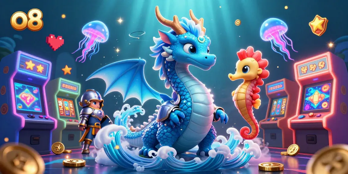 Win big at o8 with a vibrant 3D illustration featuring an ocean dragon and slot elements.