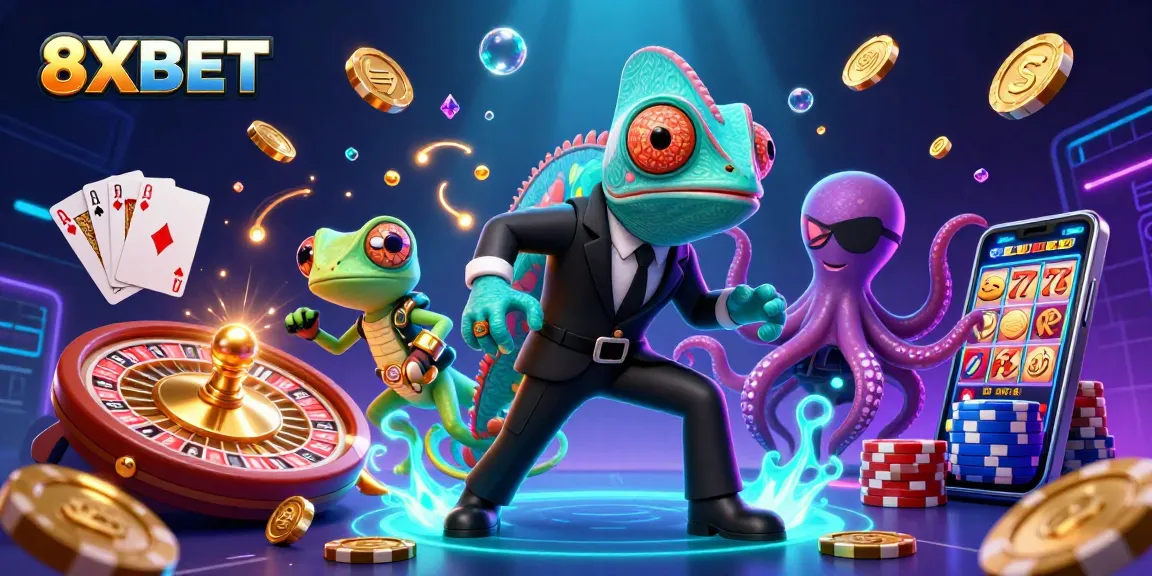 Bet excitingly with 8XBET while enjoying a dynamic casino illustration featuring a classy agent chameleon, a high-tech gecko, and a mischievous octopus.