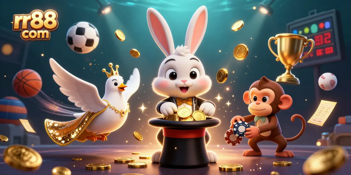 Engage in thrilling gameplay at rr88 com as a magician rabbit conjures golden coins amidst dynamic casino elements.