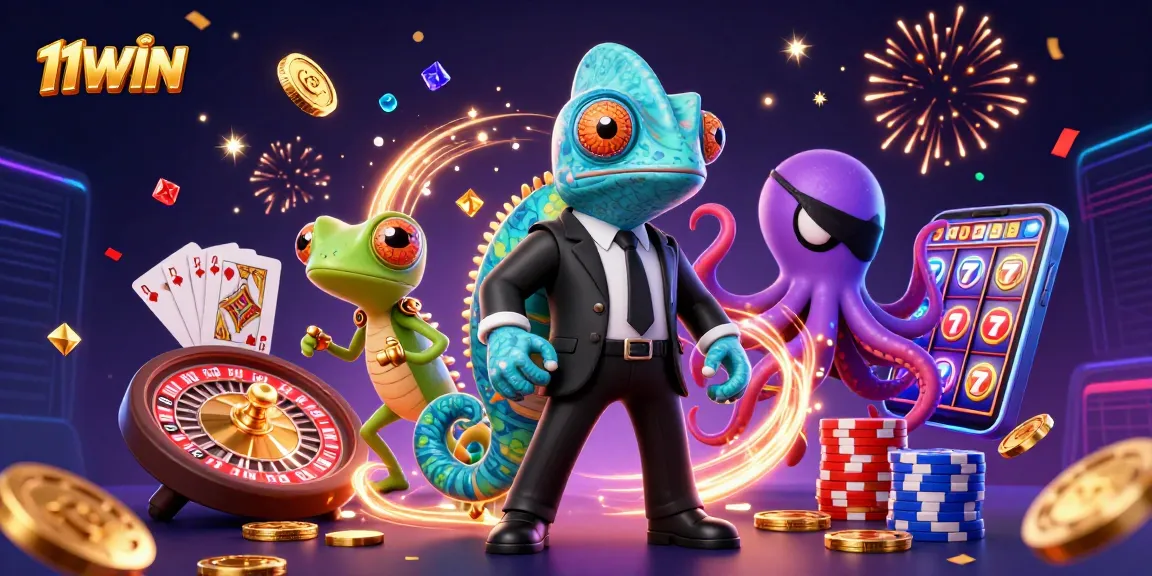 Win big with 11WIN while enjoying a dynamic casino scene featuring colorful characters and exciting game elements.