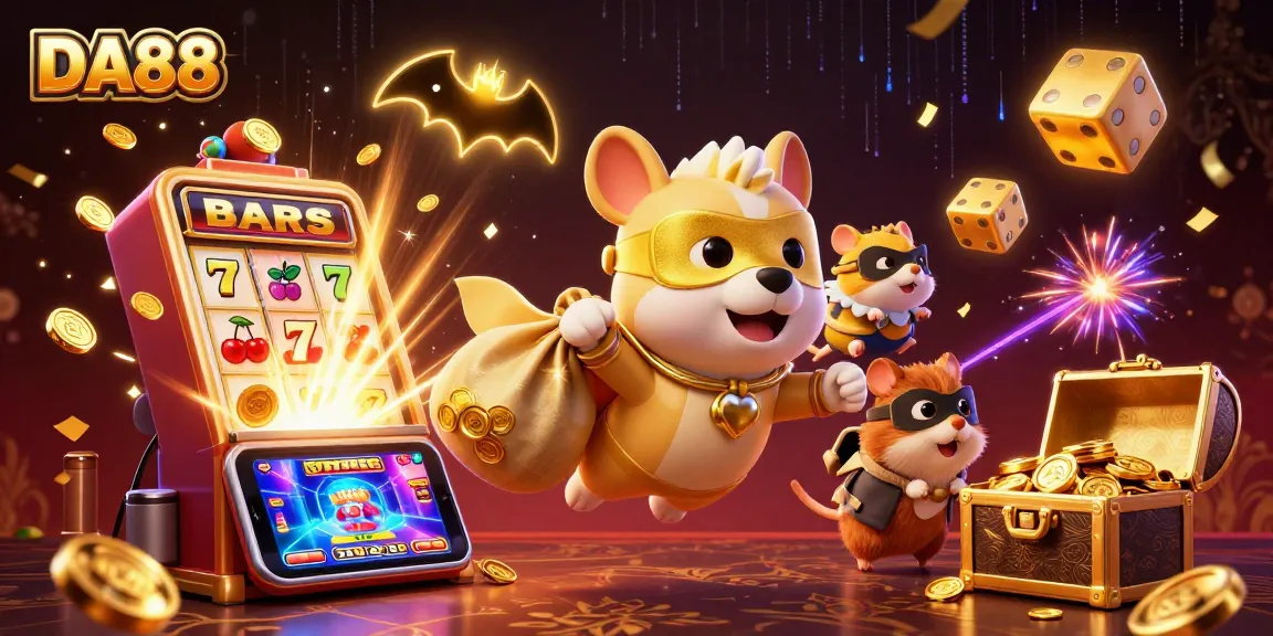 DA88-themed illustration of a superhero dog with a bag of coins in a colorful casino scene