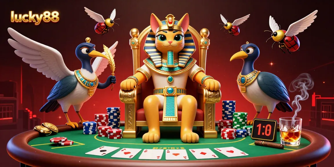Experience excitement with lucky88 as you join the Egyptian pharaoh cat at the poker table.
