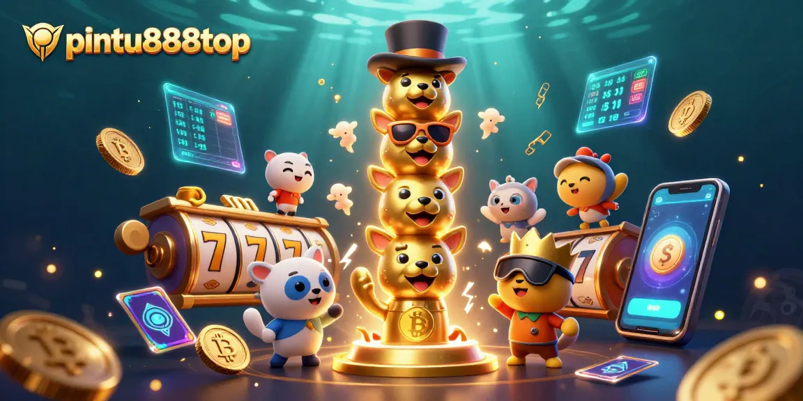 Engage with pintu888top as colorful slot reels spin with festive totem pole characters and glowing crypto coins.