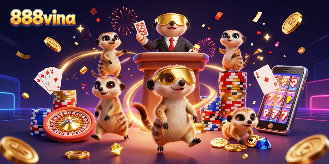 Engage in thrilling gameplay at 888vina with a vibrant casino scene featuring meerkats and stacked chips.