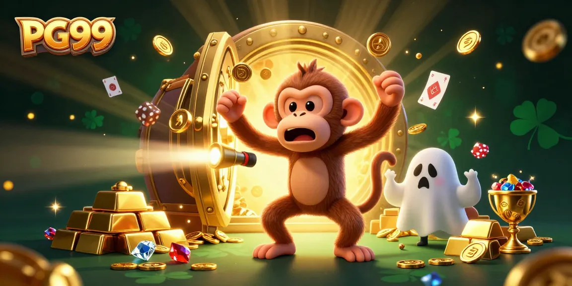Celebrate wins at PG99 with a mischievous monkey and a ghost-hunter puppy in a vibrant casino.