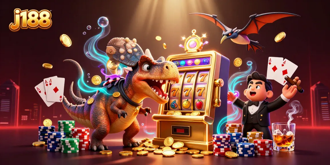 j188 spins lucky 7s amidst slot machines and animated dinosaurs in a vibrant casino scene