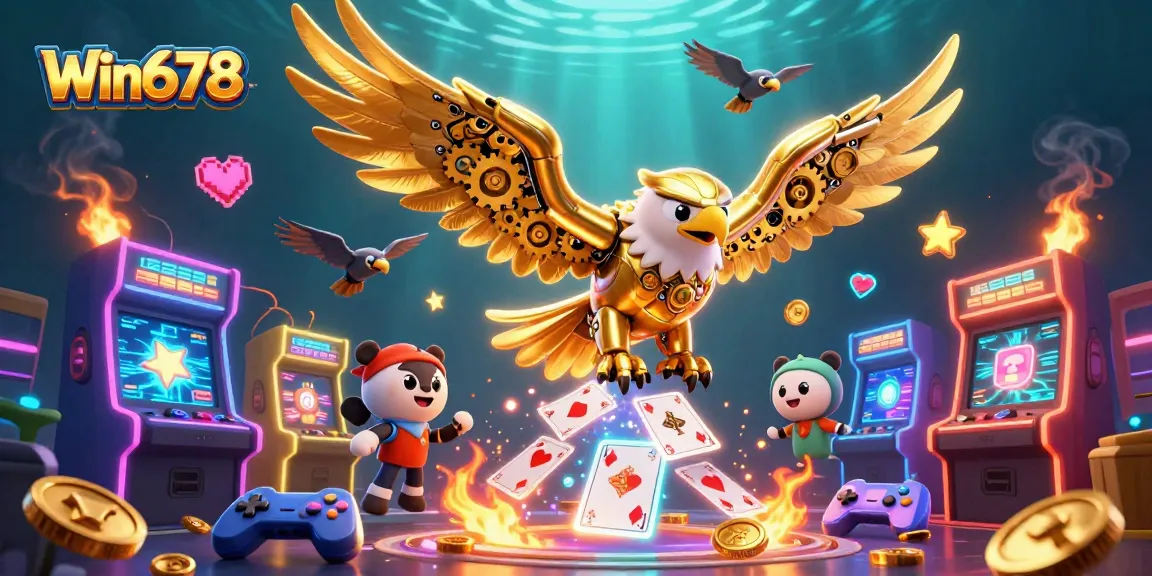 Experience thrill with Win678 as the golden eagle dives through glowing casino arcade games.