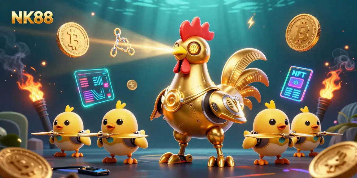 Navigating NK88's casino landscape with a golden rooster robot and chick drones enhancing gaming dynamics.